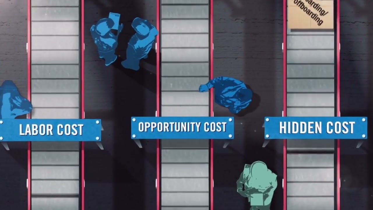 Figures of workers in a conveyor system