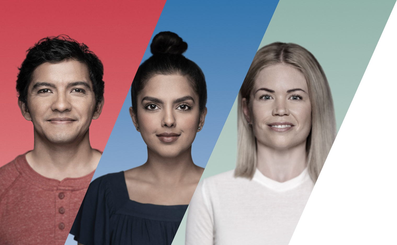 hombre y dos mujeres uno al lado del otro con rayas diagonales roja, azul y verde de fondo