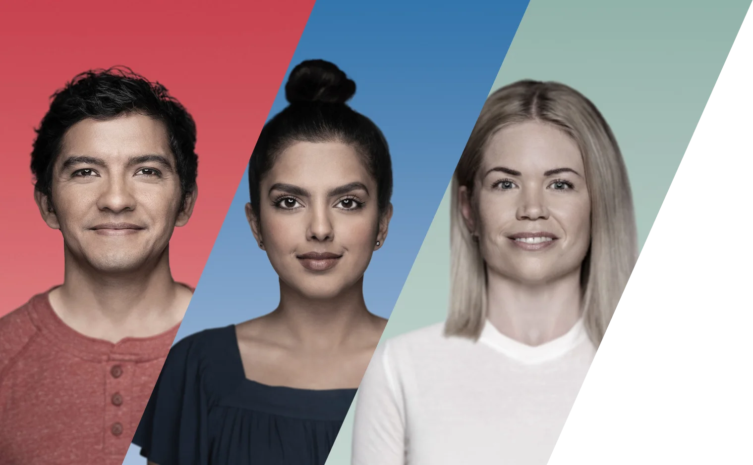 hombre y dos mujeres uno al lado del otro con rayas diagonales roja, azul y verde de fondo