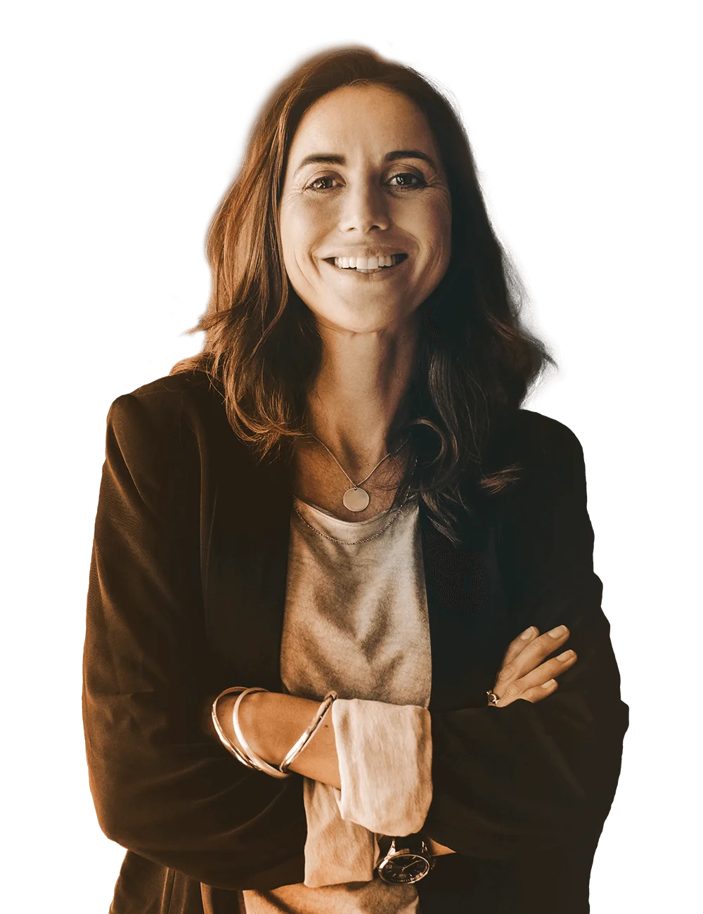 sepia tone business woman smiling with arms casually crossed